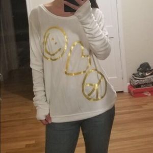 Peace Love World comfy top white w yellow gold